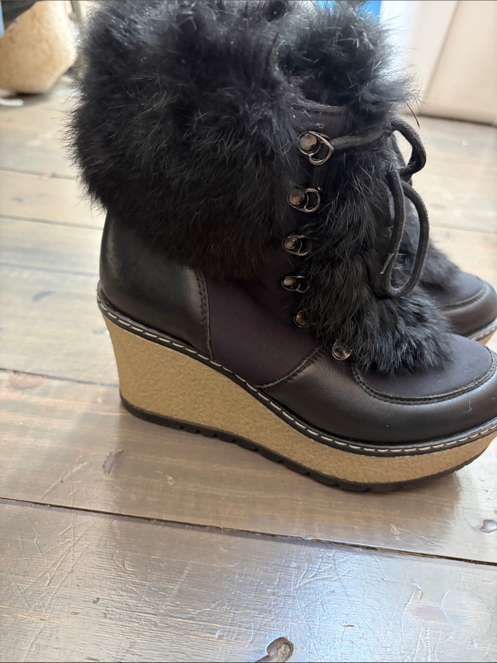 Women’s Black Faux Fur Wedge Ankle Boots BY RUDSAK WORN ONCE